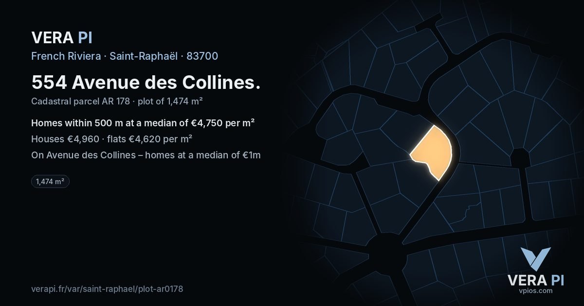 554 Avenue des Collines, Saint-Raphaël at night – the plot lit, the parcels around coloured by the prices near them