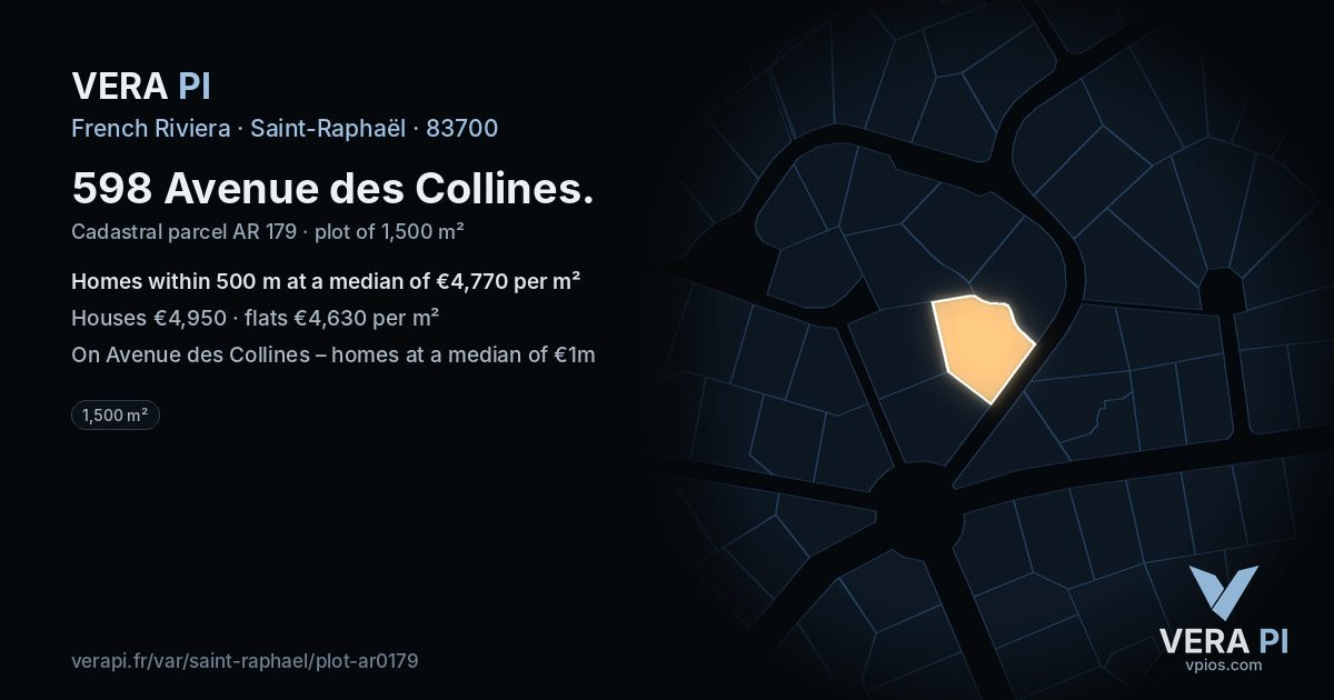598 Avenue des Collines, Saint-Raphaël at night – the plot lit, the parcels around coloured by the prices near them