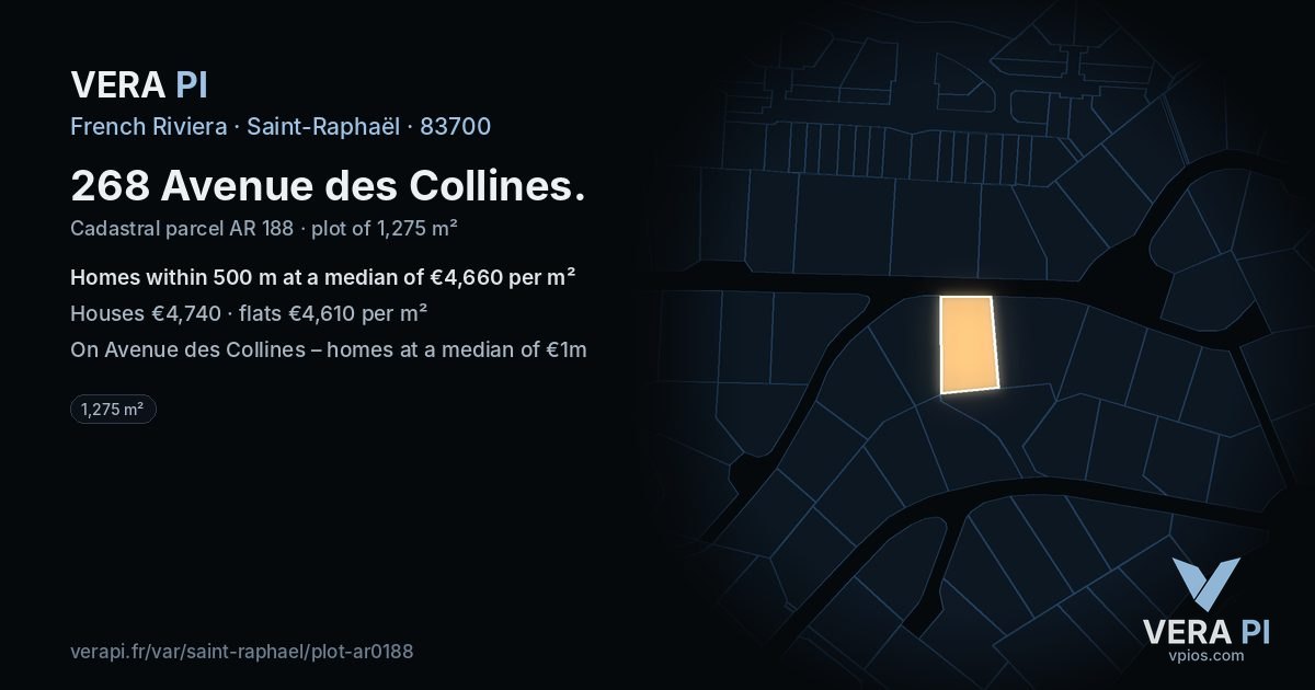268 Avenue des Collines, Saint-Raphaël at night – the plot lit, the parcels around coloured by the prices near them