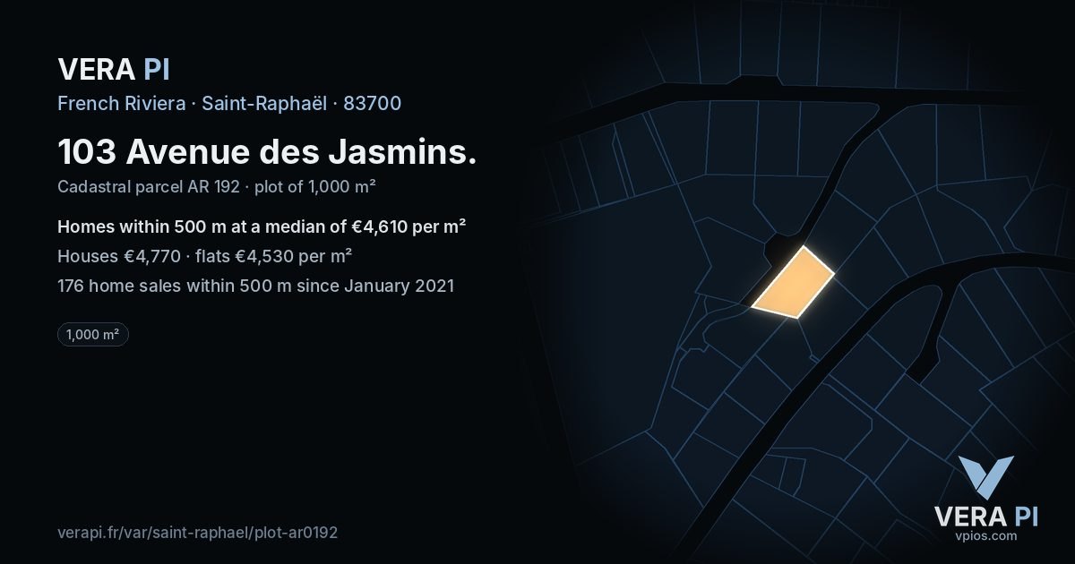 103 Avenue des Jasmins, Saint-Raphaël at night – the plot lit, the parcels around coloured by the prices near them