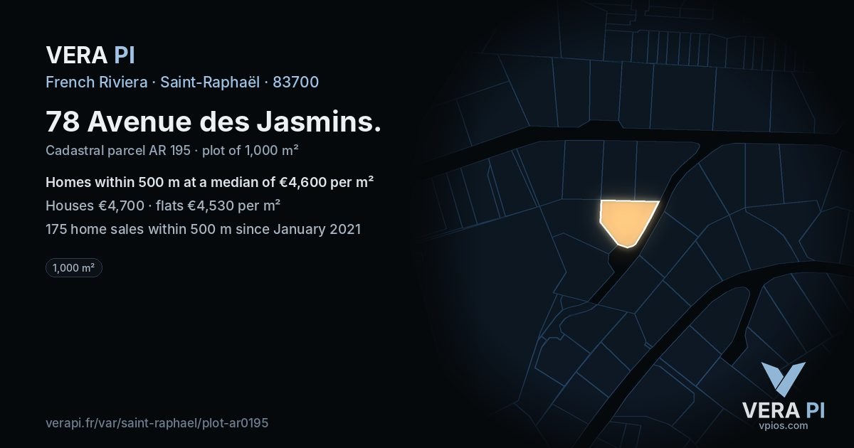 78 Avenue des Jasmins, Saint-Raphaël at night – the plot lit, the parcels around coloured by the prices near them