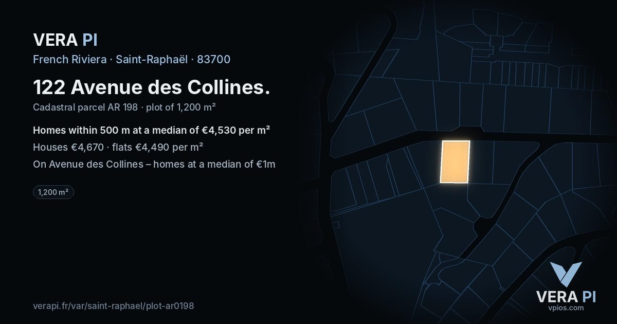 122 Avenue des Collines, Saint-Raphaël at night – the plot lit, the parcels around coloured by the prices near them
