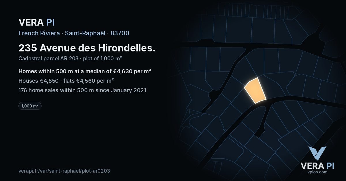 235 Avenue des Hirondelles, Saint-Raphaël at night – the plot lit, the parcels around coloured by the prices near them