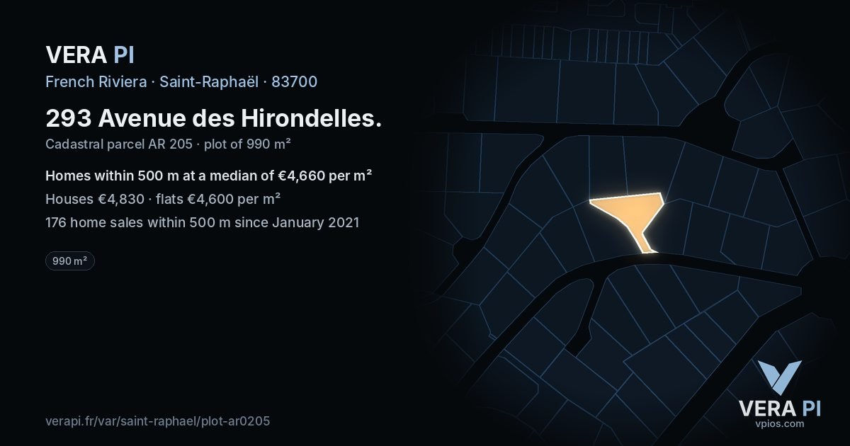 293 Avenue des Hirondelles, Saint-Raphaël at night – the plot lit, the parcels around coloured by the prices near them