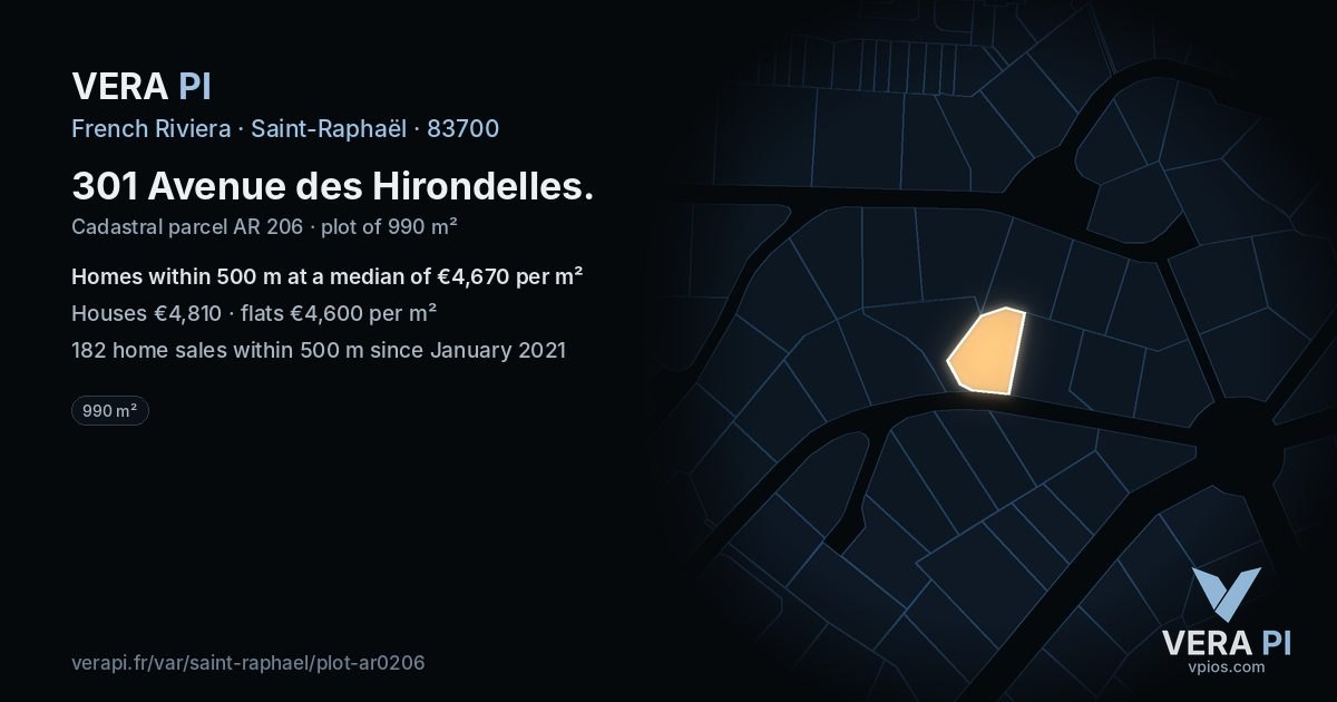 301 Avenue des Hirondelles, Saint-Raphaël at night – the plot lit, the parcels around coloured by the prices near them