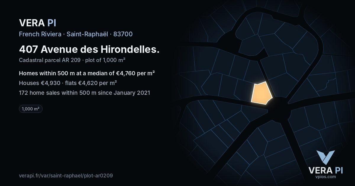 407 Avenue des Hirondelles, Saint-Raphaël at night – the plot lit, the parcels around coloured by the prices near them