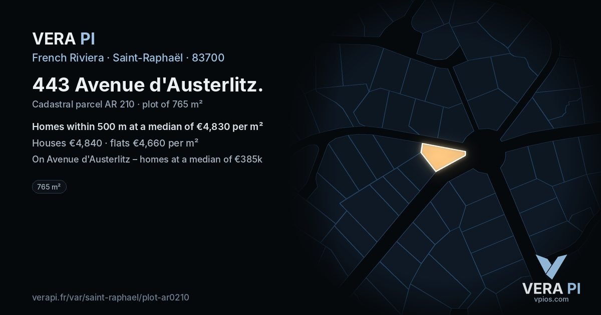 443 Avenue d'Austerlitz, Saint-Raphaël at night – the plot lit, the parcels around coloured by the prices near them