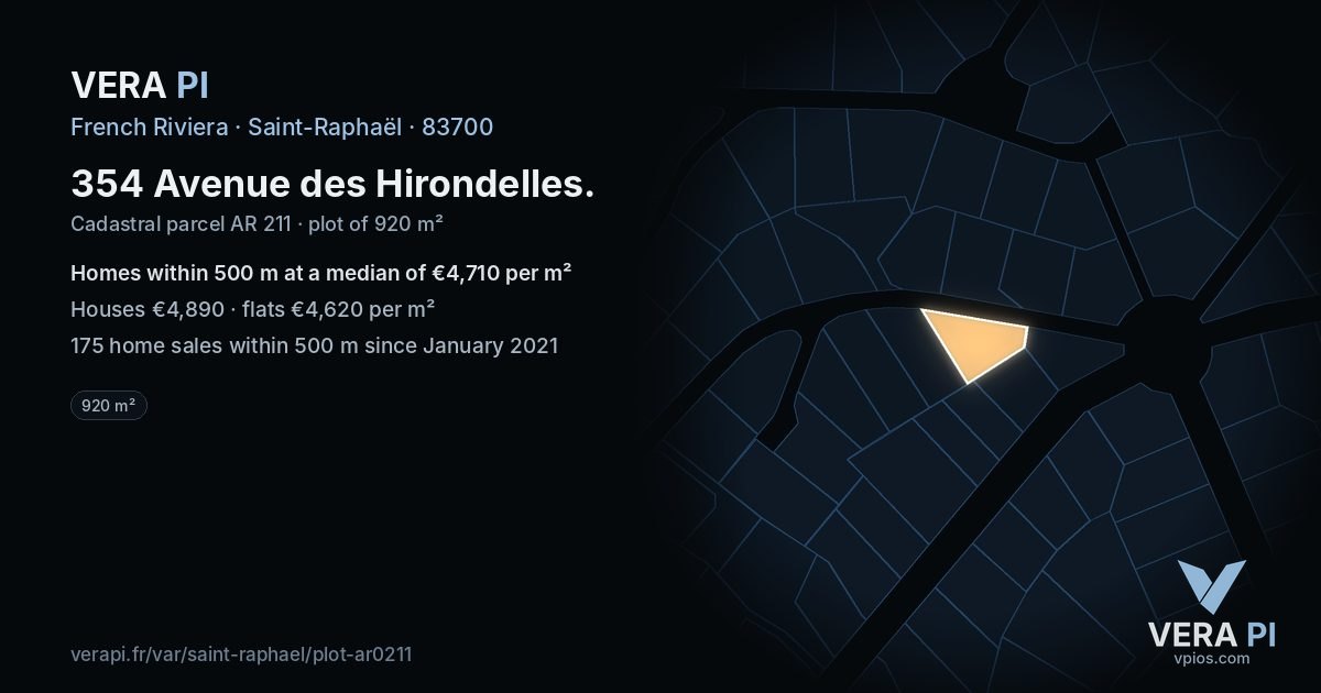 354 Avenue des Hirondelles, Saint-Raphaël at night – the plot lit, the parcels around coloured by the prices near them