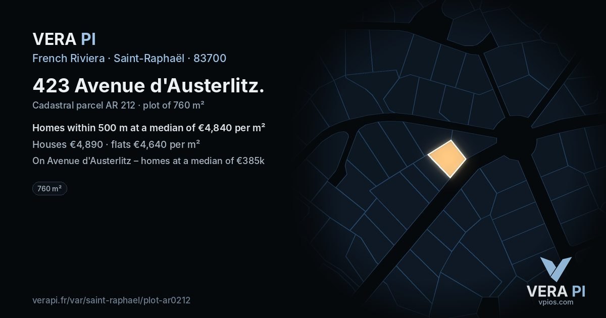 423 Avenue d'Austerlitz, Saint-Raphaël at night – the plot lit, the parcels around coloured by the prices near them