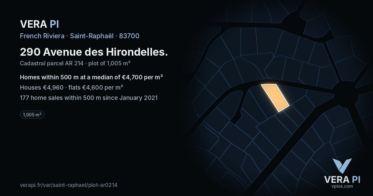 290 Avenue des Hirondelles, Saint-Raphaël at night – the plot lit, the parcels around coloured by the prices near them