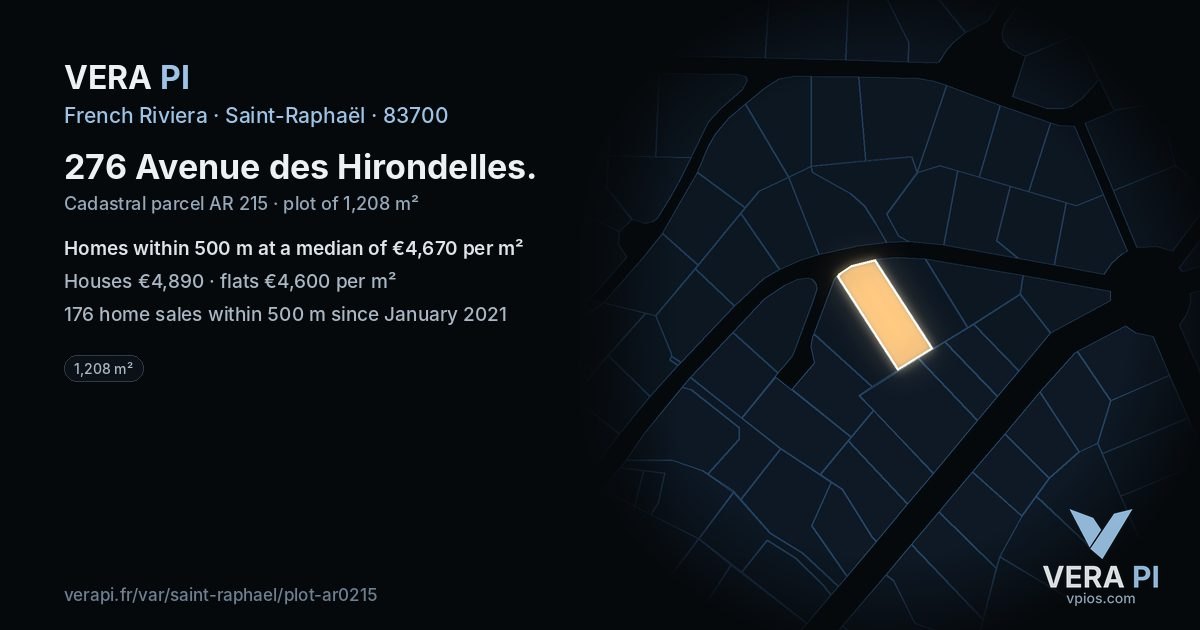 276 Avenue des Hirondelles, Saint-Raphaël at night – the plot lit, the parcels around coloured by the prices near them