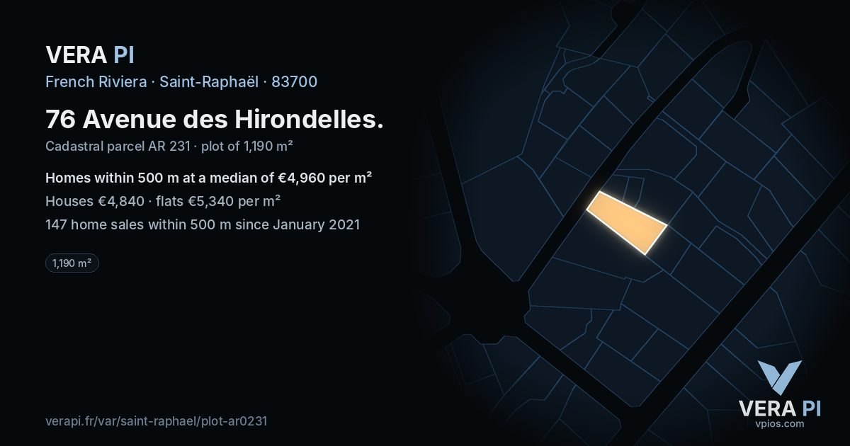 76 Avenue des Hirondelles, Saint-Raphaël at night – the plot lit, the parcels around coloured by the prices near them