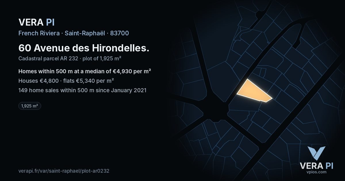 60 Avenue des Hirondelles, Saint-Raphaël at night – the plot lit, the parcels around coloured by the prices near them