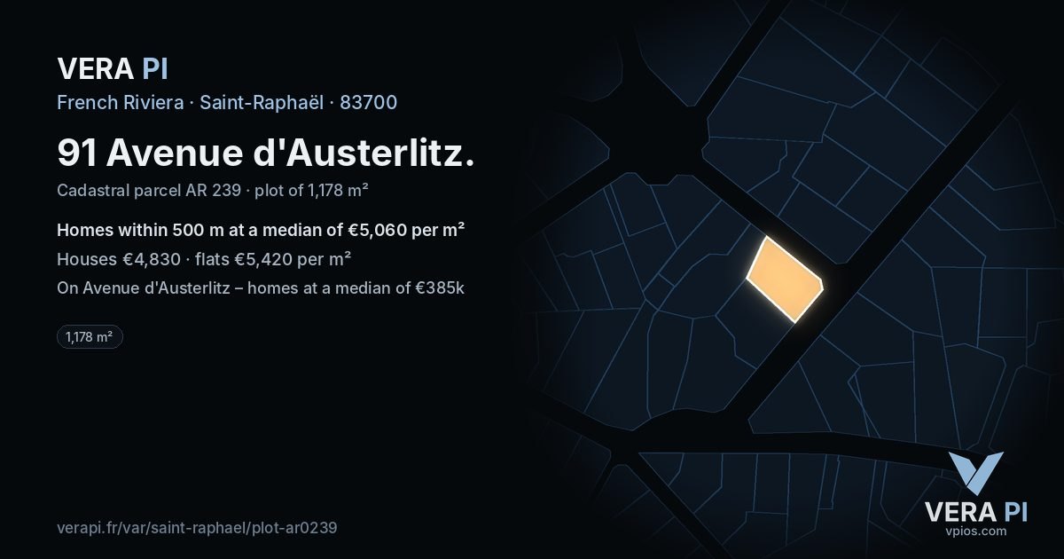 91 Avenue d'Austerlitz, Saint-Raphaël at night – the plot lit, the parcels around coloured by the prices near them