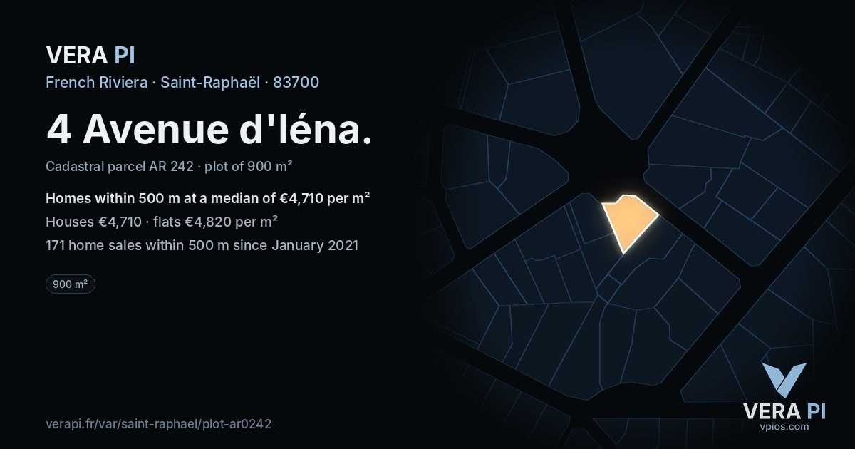 4 Avenue d'Iéna, Saint-Raphaël at night – the plot lit, the parcels around coloured by the prices near them