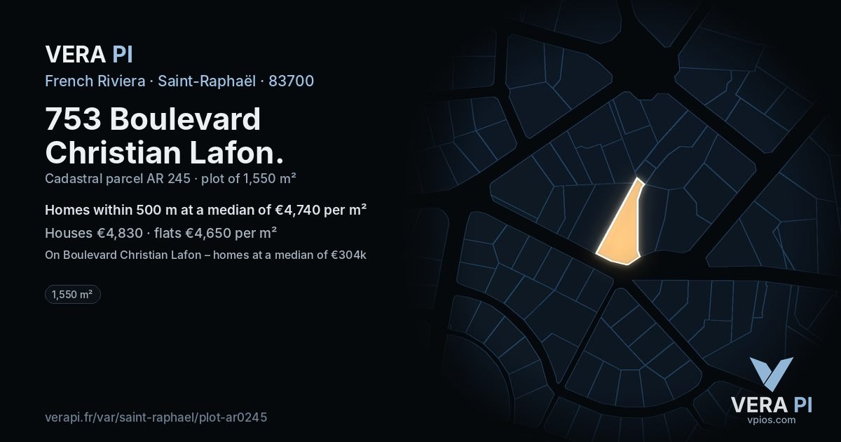 753 Boulevard Christian Lafon, Saint-Raphaël at night – the plot lit, the parcels around coloured by the prices near them