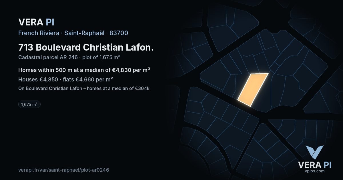 713 Boulevard Christian Lafon, Saint-Raphaël at night – the plot lit, the parcels around coloured by the prices near them