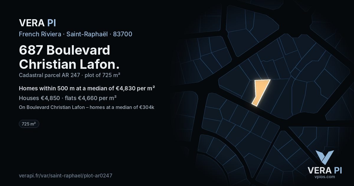 687 Boulevard Christian Lafon, Saint-Raphaël at night – the plot lit, the parcels around coloured by the prices near them
