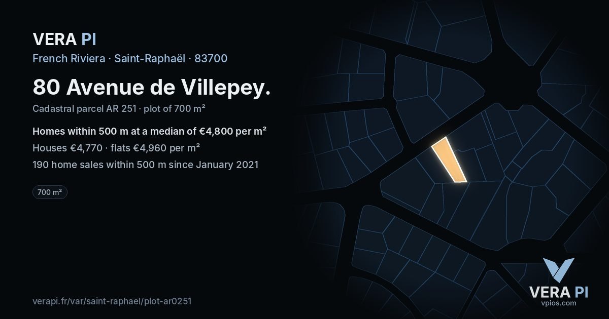80 Avenue de Villepey, Saint-Raphaël at night – the plot lit, the parcels around coloured by the prices near them