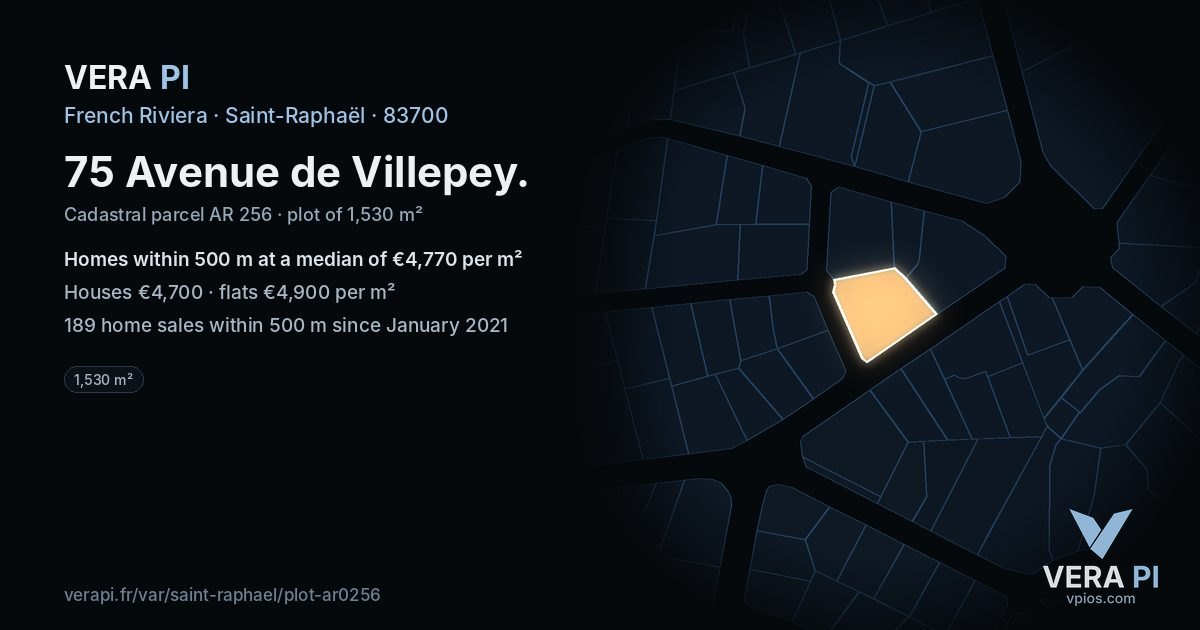 75 Avenue de Villepey, Saint-Raphaël at night – the plot lit, the parcels around coloured by the prices near them