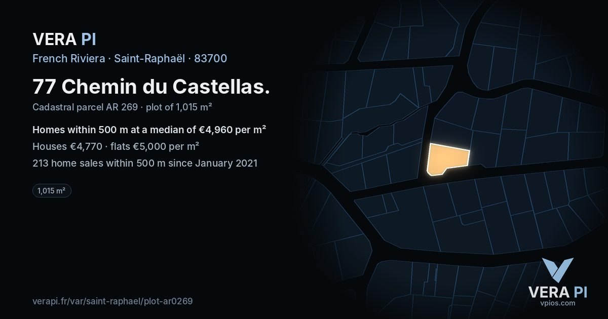 77 Chemin du Castellas, Saint-Raphaël at night – the plot lit, the parcels around coloured by the prices near them