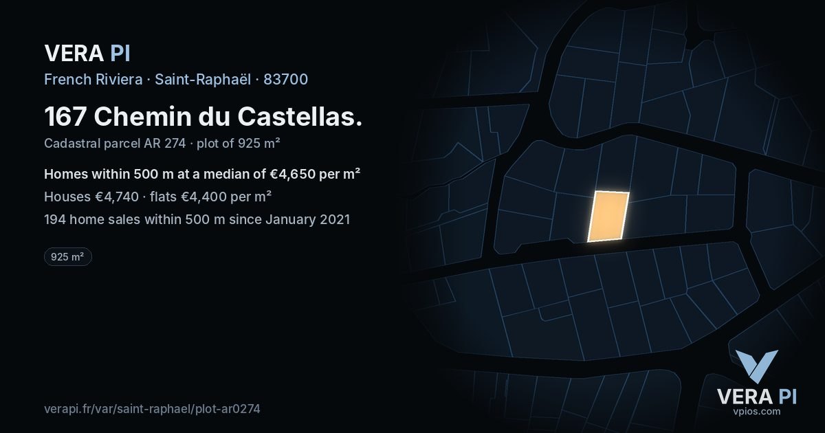 167 Chemin du Castellas, Saint-Raphaël at night – the plot lit, the parcels around coloured by the prices near them