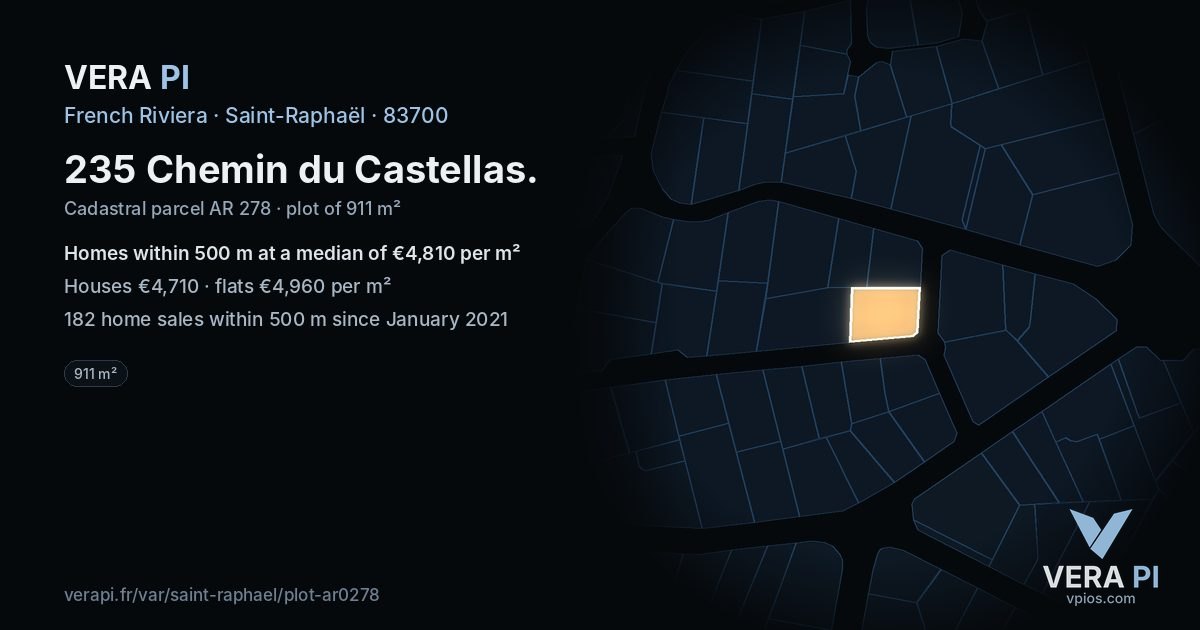 235 Chemin du Castellas, Saint-Raphaël at night – the plot lit, the parcels around coloured by the prices near them