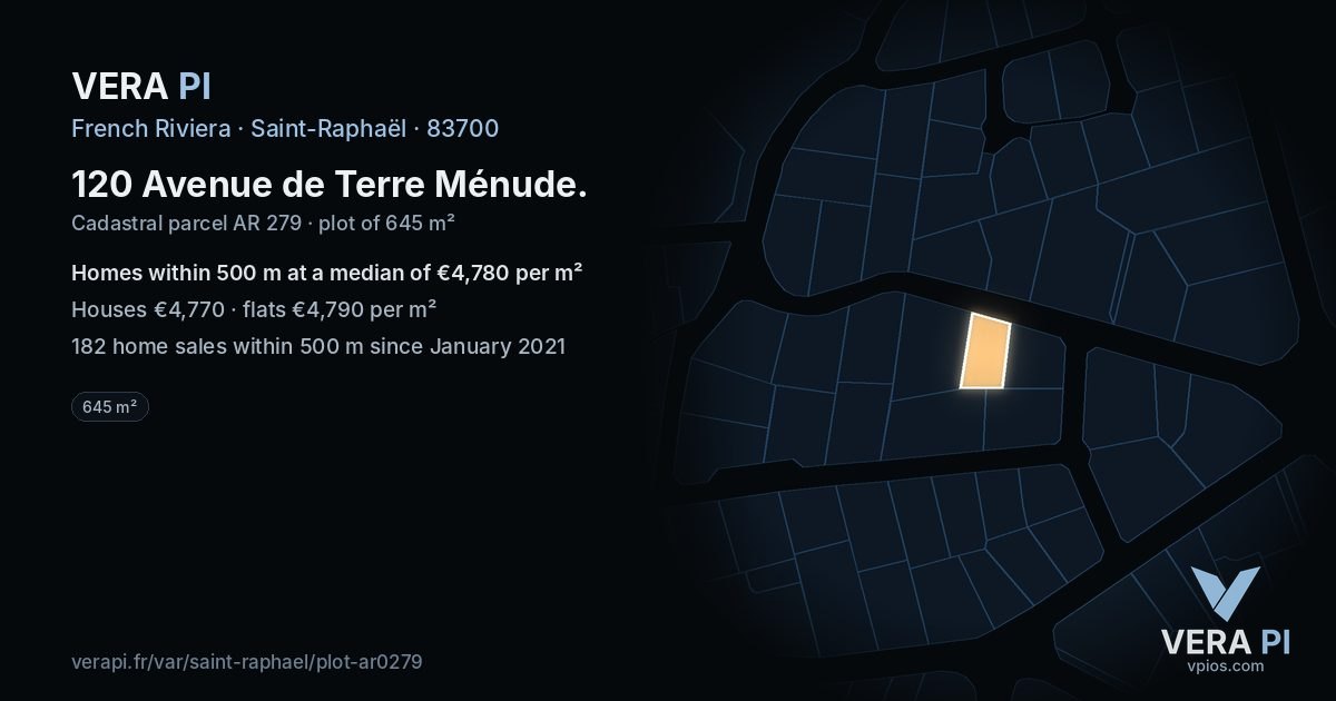 120 Avenue de Terre Ménude, Saint-Raphaël at night – the plot lit, the parcels around coloured by the prices near them