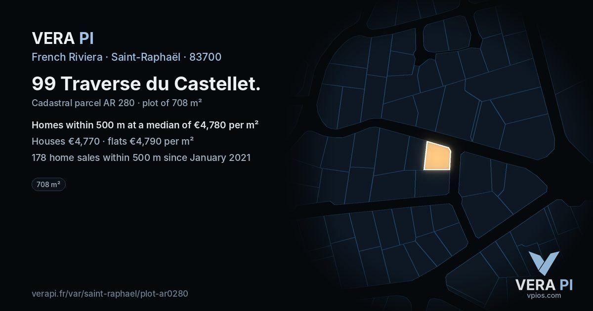 99 Traverse du Castellet, Saint-Raphaël at night – the plot lit, the parcels around coloured by the prices near them
