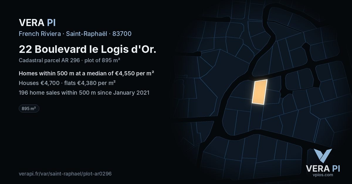 22 Boulevard le Logis d'Or, Saint-Raphaël at night – the plot lit, the parcels around coloured by the prices near them