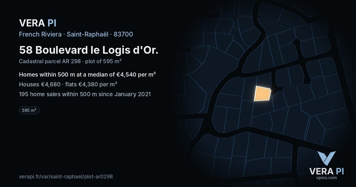 58 Boulevard le Logis d'Or, Saint-Raphaël at night – the plot lit, the parcels around coloured by the prices near them