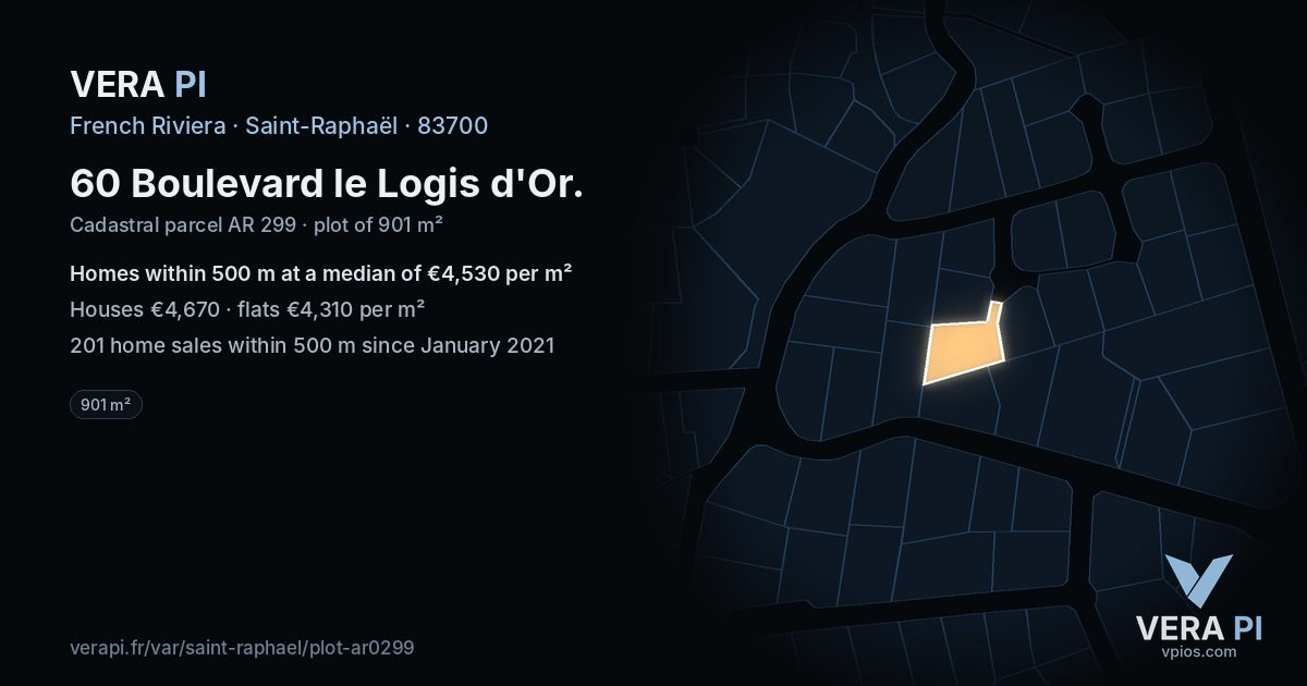 60 Boulevard le Logis d'Or, Saint-Raphaël at night – the plot lit, the parcels around coloured by the prices near them