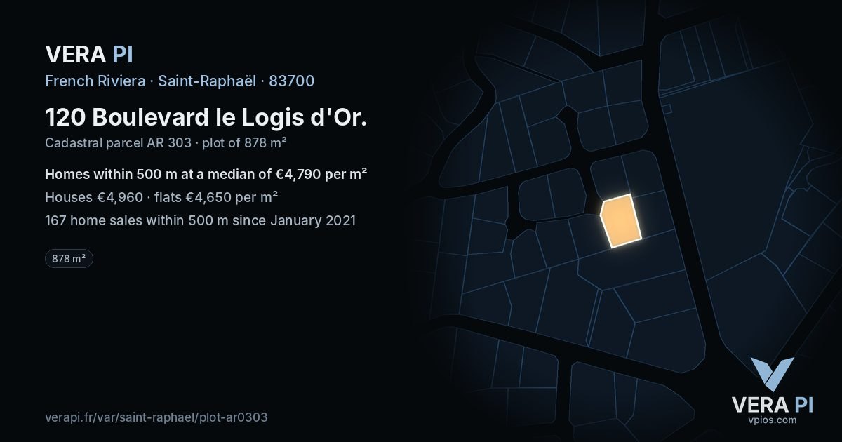 120 Boulevard le Logis d'Or, Saint-Raphaël at night – the plot lit, the parcels around coloured by the prices near them