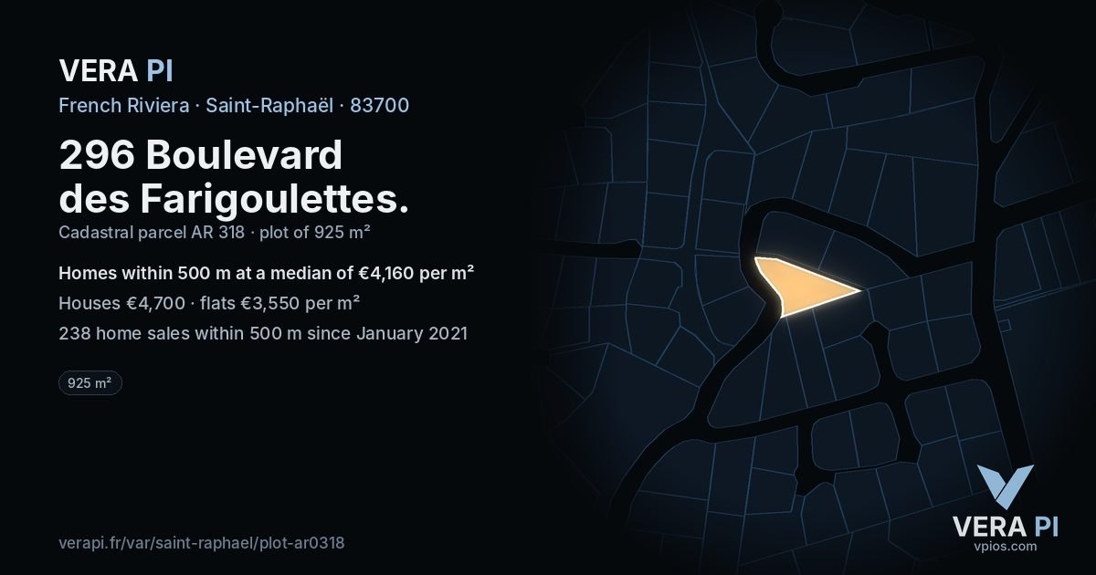296 Boulevard des Farigoulettes, Saint-Raphaël at night – the plot lit, the parcels around coloured by the prices near them