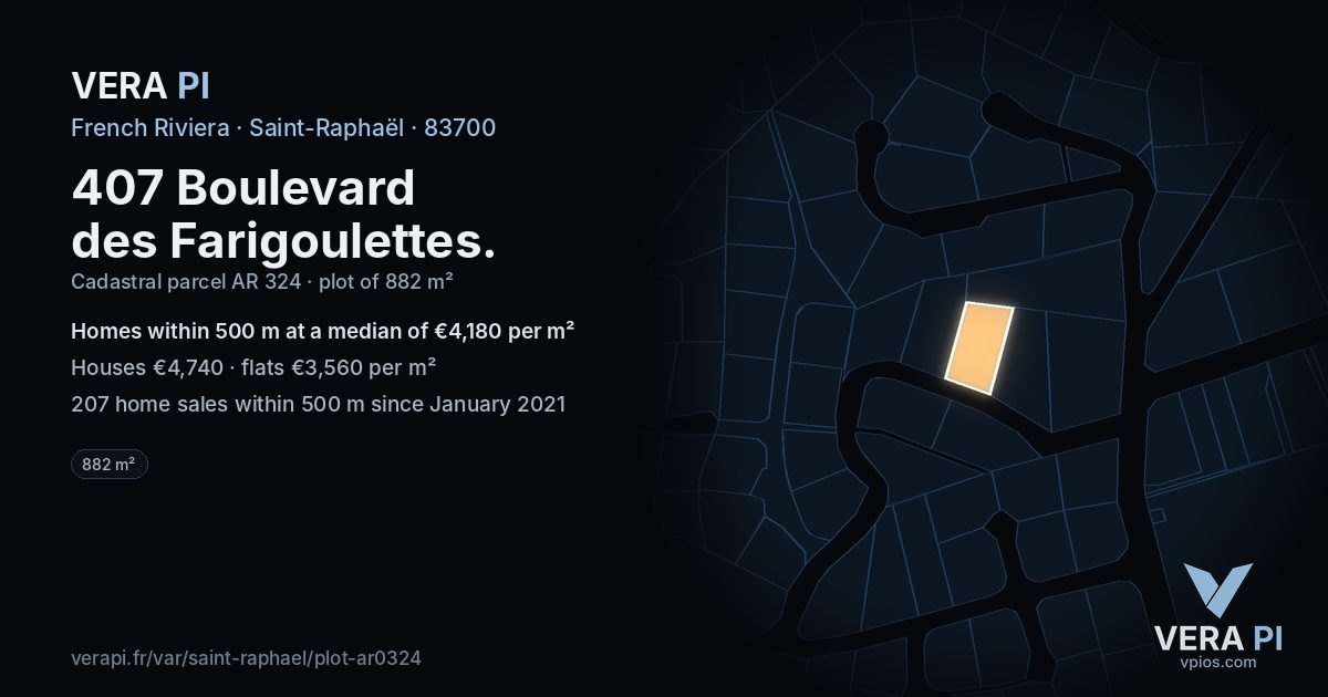 407 Boulevard des Farigoulettes, Saint-Raphaël at night – the plot lit, the parcels around coloured by the prices near them