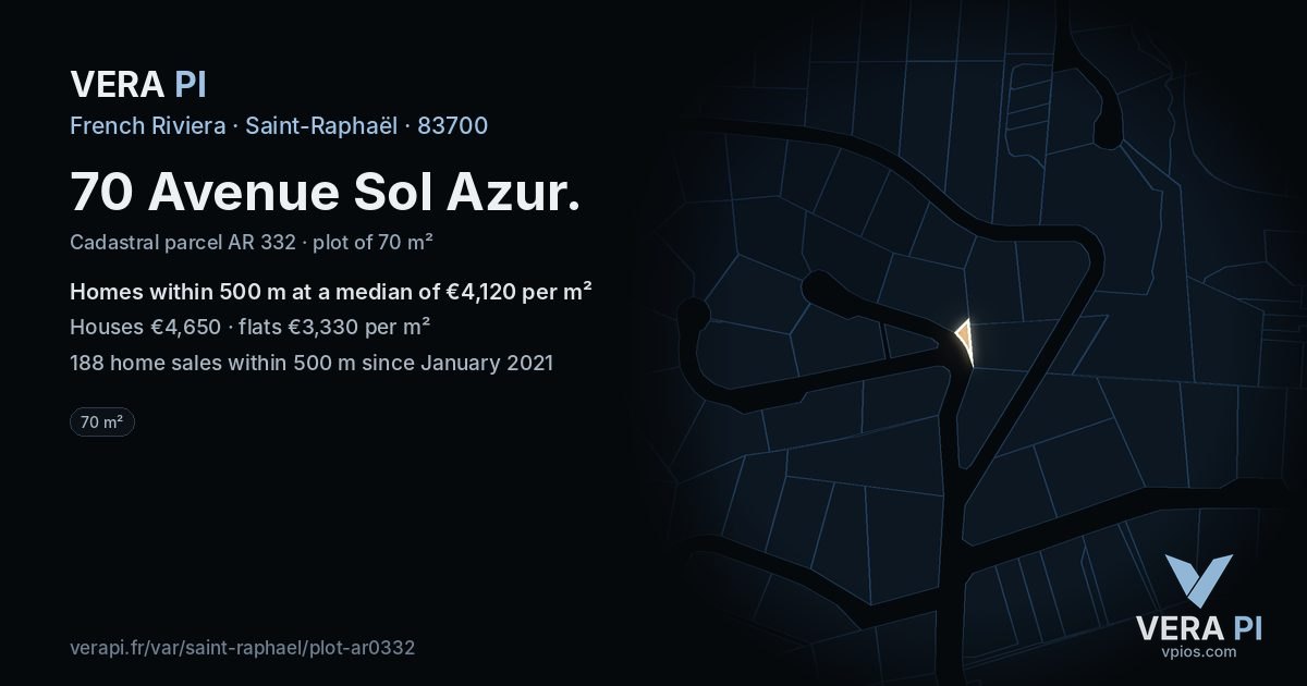 70 Avenue Sol Azur, Saint-Raphaël at night – the plot lit, the parcels around coloured by the prices near them
