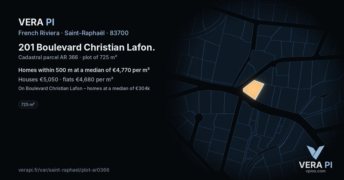 201 Boulevard Christian Lafon, Saint-Raphaël at night – the plot lit, the parcels around coloured by the prices near them