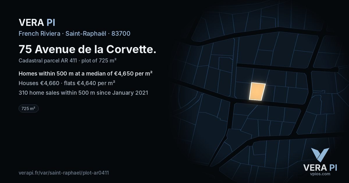 75 Avenue de la Corvette, Saint-Raphaël at night – the plot lit, the parcels around coloured by the prices near them
