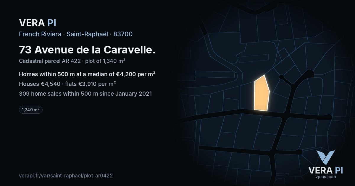 73 Avenue de la Caravelle, Saint-Raphaël at night – the plot lit, the parcels around coloured by the prices near them