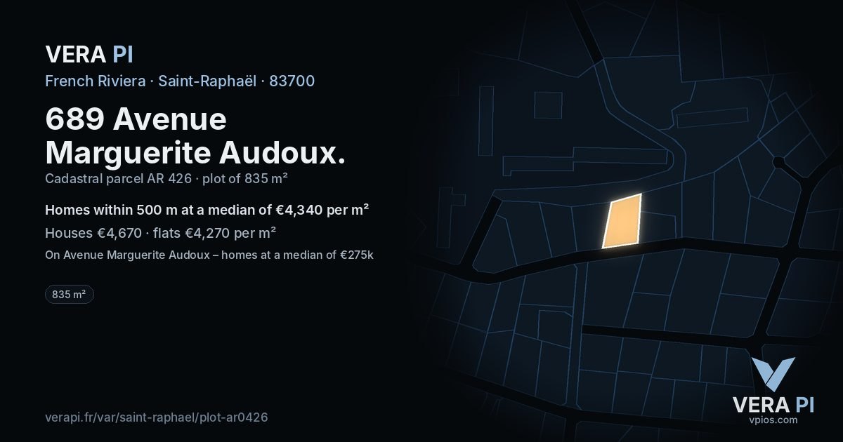 689 Avenue Marguerite Audoux, Saint-Raphaël at night – the plot lit, the parcels around coloured by the prices near them