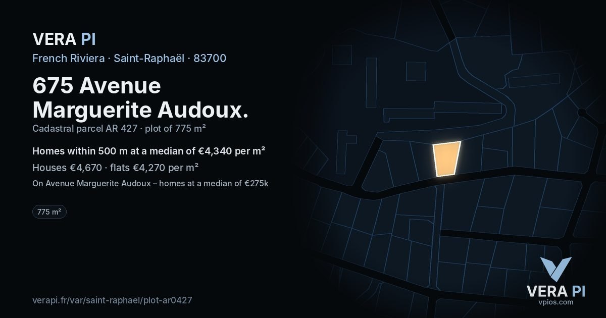 675 Avenue Marguerite Audoux, Saint-Raphaël at night – the plot lit, the parcels around coloured by the prices near them
