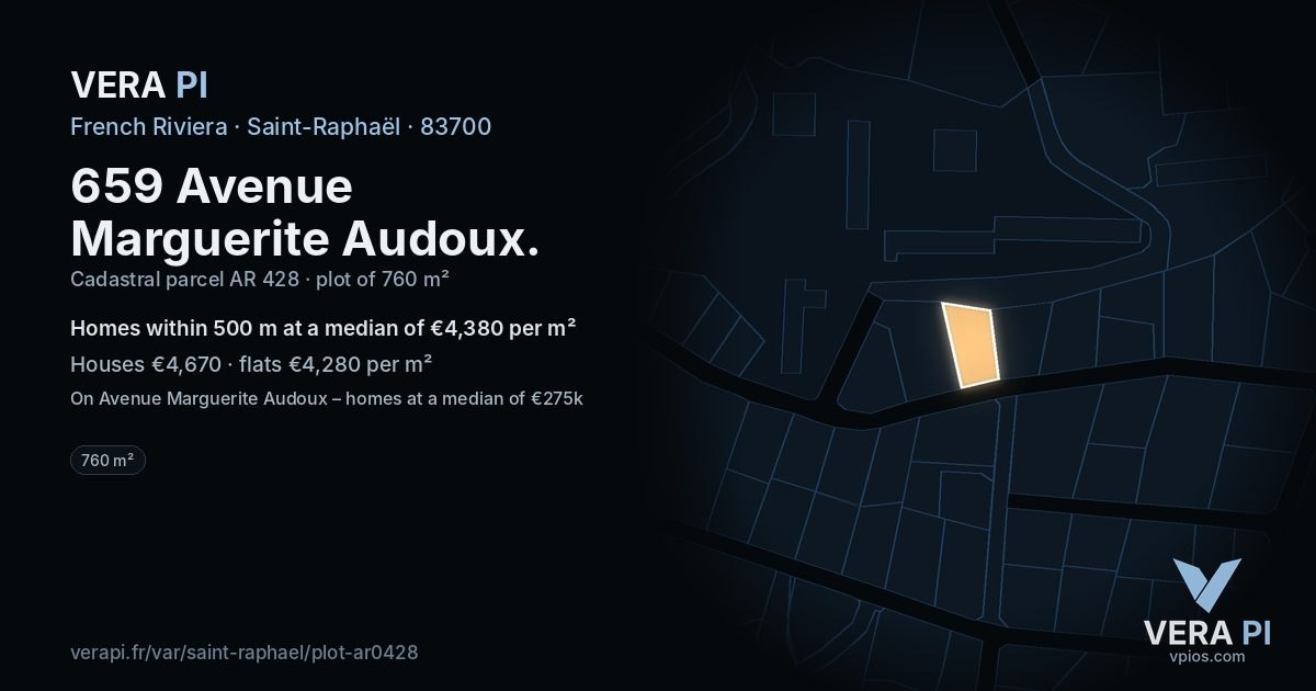 659 Avenue Marguerite Audoux, Saint-Raphaël at night – the plot lit, the parcels around coloured by the prices near them