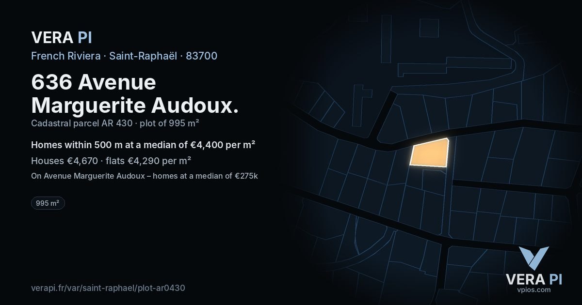 636 Avenue Marguerite Audoux, Saint-Raphaël at night – the plot lit, the parcels around coloured by the prices near them