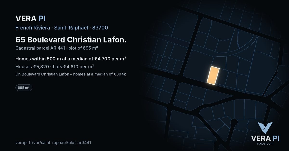 65 Boulevard Christian Lafon, Saint-Raphaël at night – the plot lit, the parcels around coloured by the prices near them