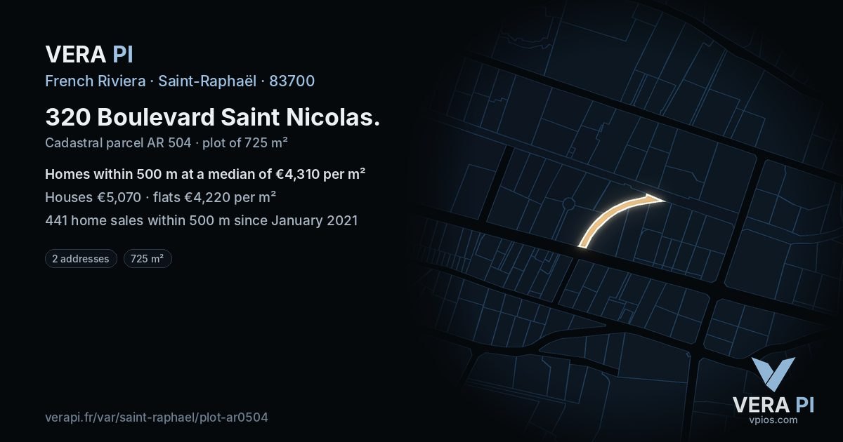 320 Boulevard Saint Nicolas, Saint-Raphaël at night – the plot lit, the parcels around coloured by the prices near them