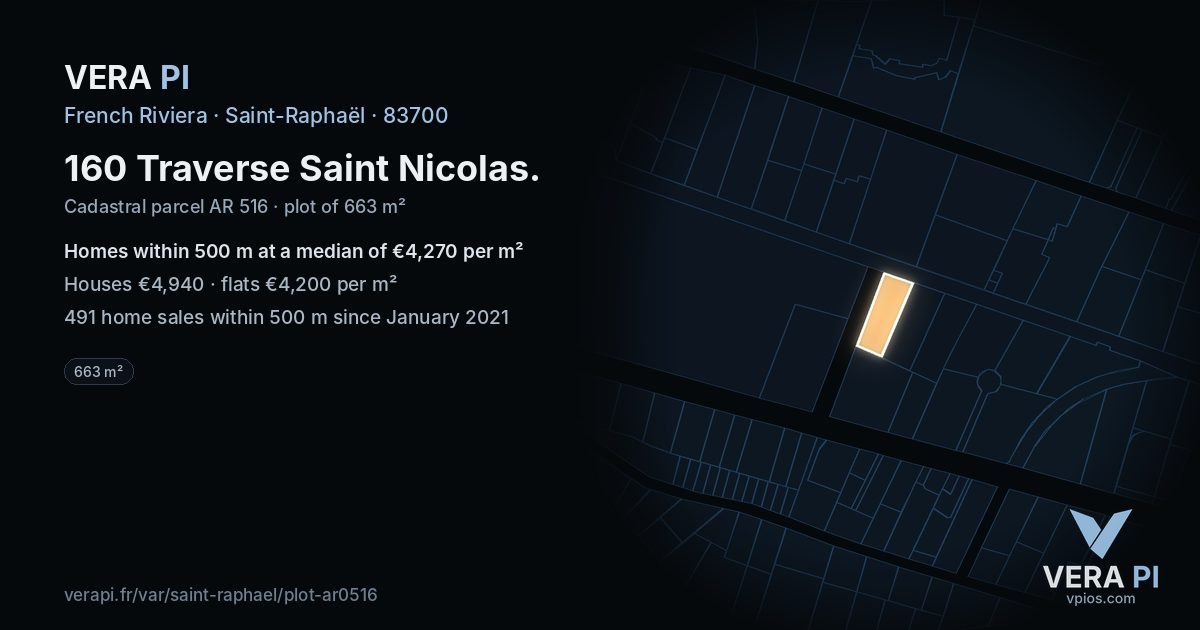 160 Traverse Saint Nicolas, Saint-Raphaël at night – the plot lit, the parcels around coloured by the prices near them