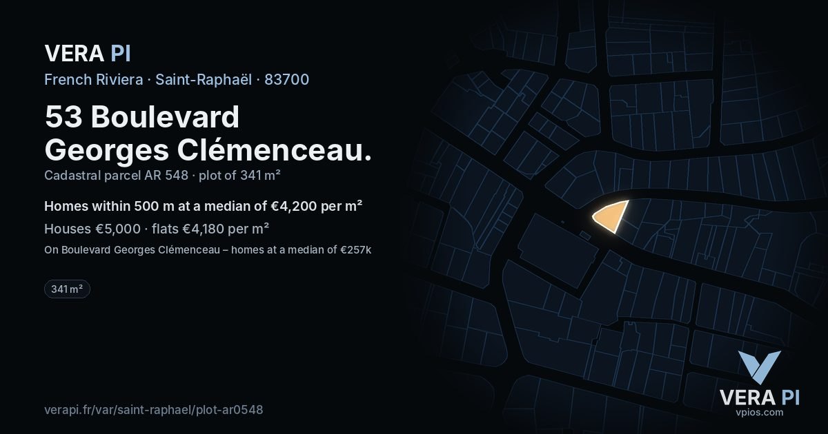 53 Boulevard Georges Clémenceau, Saint-Raphaël at night – the plot lit, the parcels around coloured by the prices near them