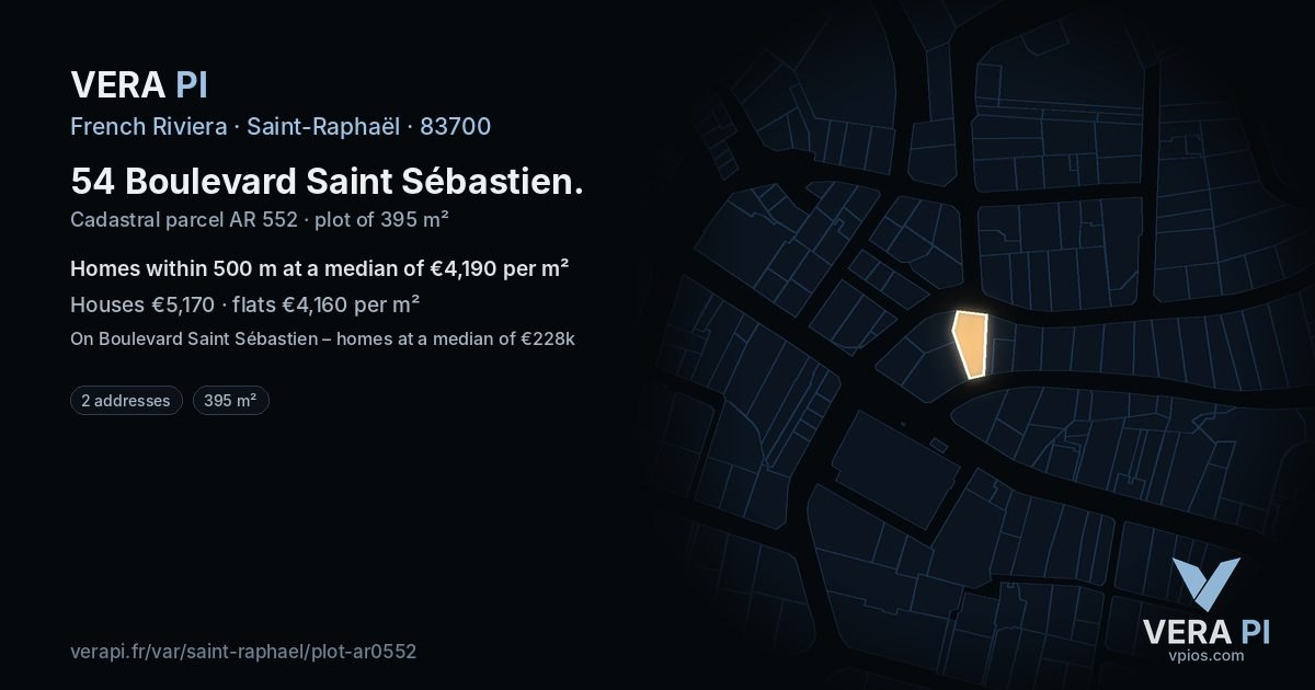 54 Boulevard Saint Sébastien, Saint-Raphaël at night – the plot lit, the parcels around coloured by the prices near them
