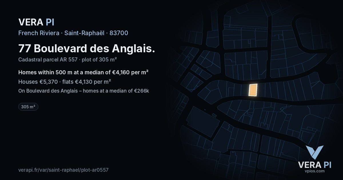 77 Boulevard des Anglais, Saint-Raphaël at night – the plot lit, the parcels around coloured by the prices near them