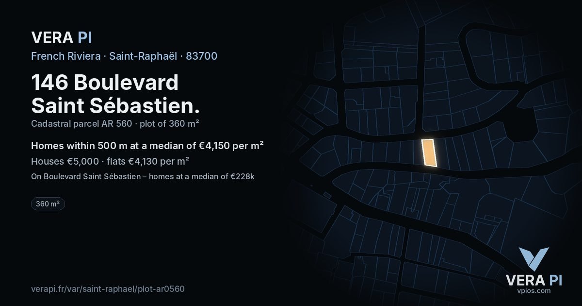 146 Boulevard Saint Sébastien, Saint-Raphaël at night – the plot lit, the parcels around coloured by the prices near them